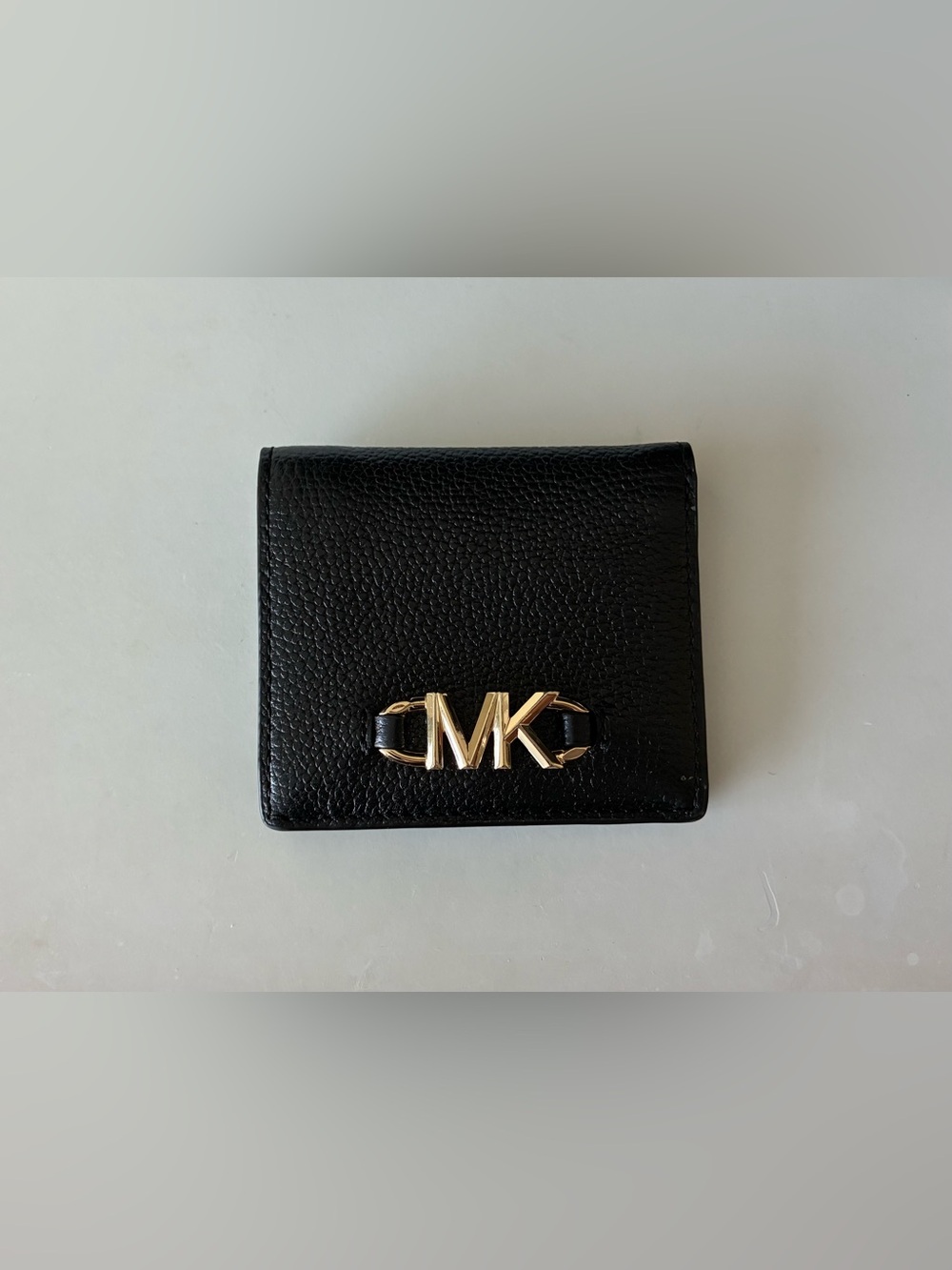 Michael Kors Black Pebbled Leather Compact Wallet with Gold MK Emblem